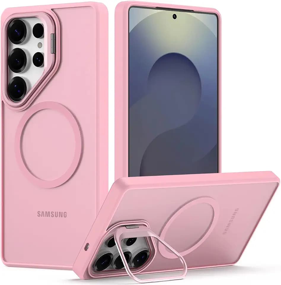Nvollnoe for Samsung S25 Ultra Case Compatible with MagSafe Military Grade Shockproof Heavy Duty Protective Adjustable Kickstand Matte Semi Clear Phone Cover for Samsung S25 Ultra(Pink)