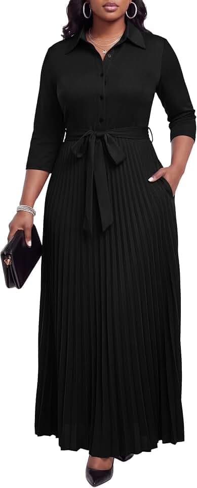 Runwind Womens Maxi Dress 3/4 Sleeve Button Down Pleated Church Work Dress