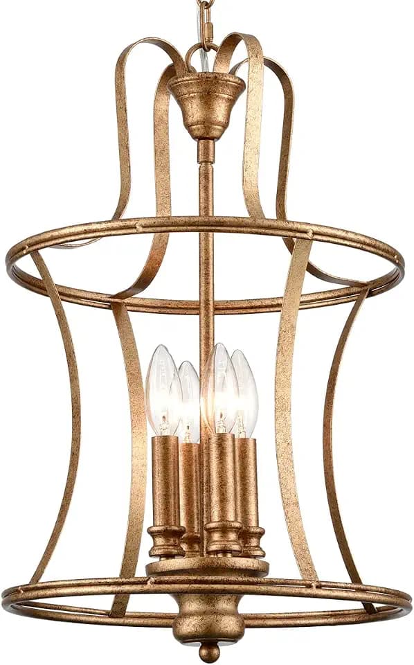 Modern Lantern Pendant Light 4-Light Lantern Chandelier Lighting, Rusty Gold Pendant Lights Kitchen Island Hanging Light Fixtures for Dining Room Hallway Living Room