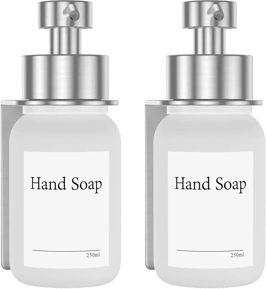 2 Pack Glasseifenspender mit Wandhalterung, selbstklebend, Edelstahl Pumpspender für Flüssigseife, ohne Bohren, 250 ml (Frost/Silber)