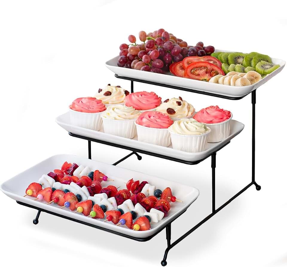 DELLING 3 Tier Serving Tray for Dessert Table Display, 12 Inch Porcelain Tiered Serving Stand - White Serving Platters for Party Entertaining, Collapsible Stand for Baby Shower Birthday Wedding