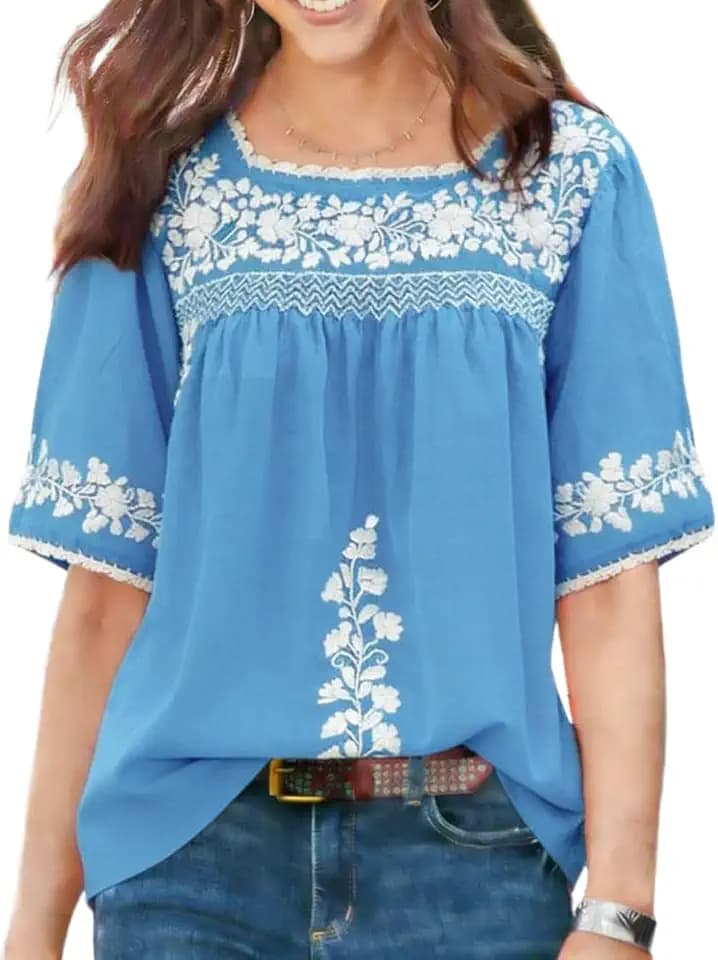 Melliflo Womens Mexican Peasant Shirt Square Neck Half Sleeve Fiesta Shirts Loose Fit Embroidered Cotton Linen Top