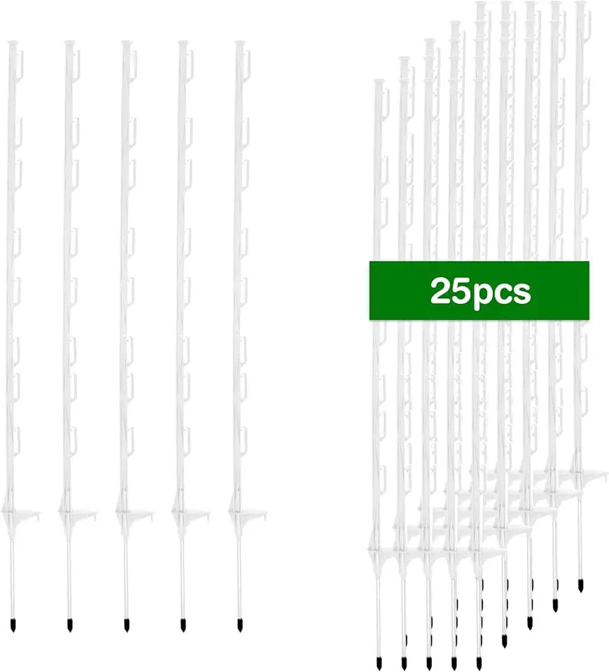 25Pack,48 Inch Heavy Duty Electrical Fence Post - UV Resistant Plastic Fence Posts for Livestock, Garden & Pasture, Easy Installation No Dig (White)