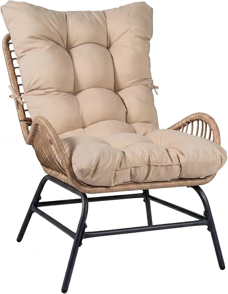 FANTASK Rattansessel Wetterfest, Gartenstuhl mit dickem Kissen bis 150 kg belastbar, Terrassenstuhl XXL, Gartensessel Rattan für Garten, Terrasse, Balkon (Khaki)