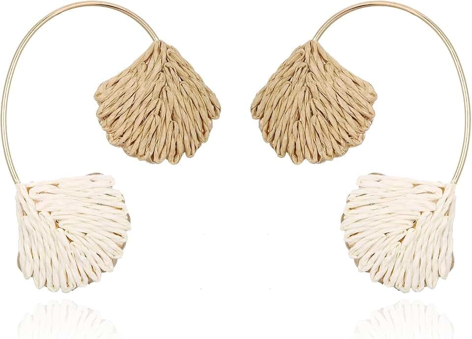 RUOFFETA Raffia Shell Earrings for Women, Colorful Dangle Tropical Boho Beach Earrings, Lightweight Straw Handmade Jewelry for Vacation