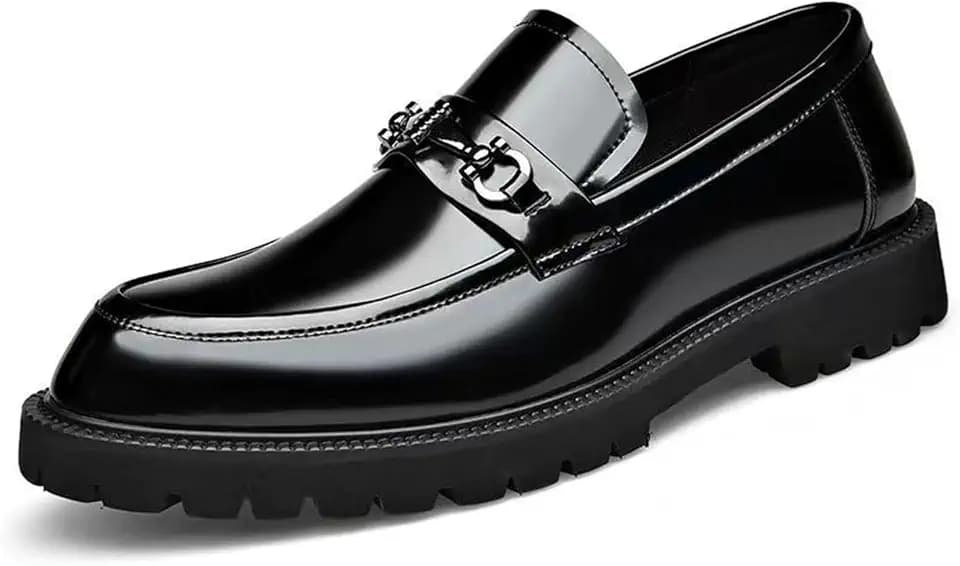 Men's Comfort Platform Chunky Slip-On Loafers, Fashion Metal Chain Shiny Patent Leather Business Casual Dress Shoes, Non-Slip Toe Lug Sole Driving Loafers