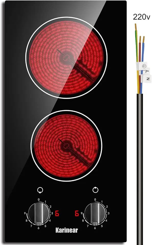 Karinear 2 Burner Electric Cooktop 12 Inch Built-in Electric Stove Top, 220v- 240v Radiant Cooktop with Residual Heat Indicator, Knob Control, Over-Temperature Protection, Hard Wire(No Plug)