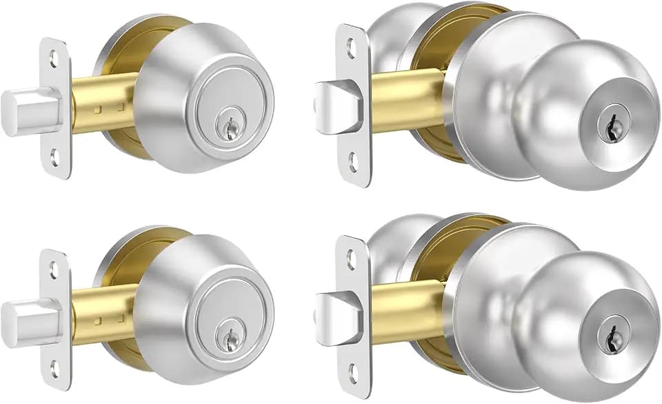 Estmoon 2 Pack Exterior Door Lock Set with Deadbolt Lock, Satin Nickel