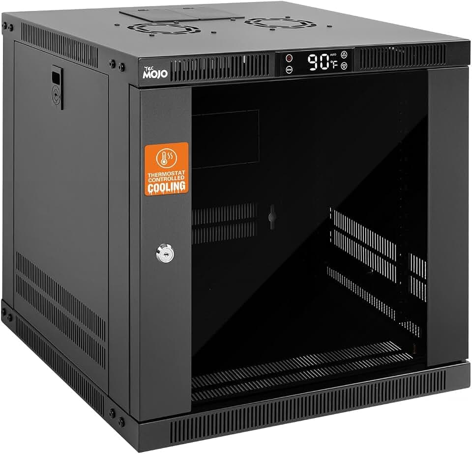Tecmojo 9U Wall Mount Rack with Thermostat, 17.7inch Depth Enclosed Server Cabinet with 2 Cooling Fans,Lockable Door & Hardware,9U Rack for 19inch Equipments,Glass Door