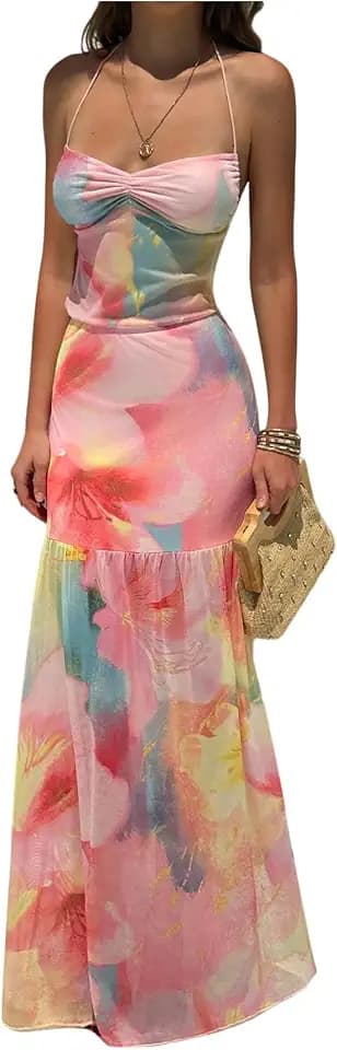 OYOANGLE Women's Floral Vacation Dress Boho Halter Slim Wedding Guest Dress