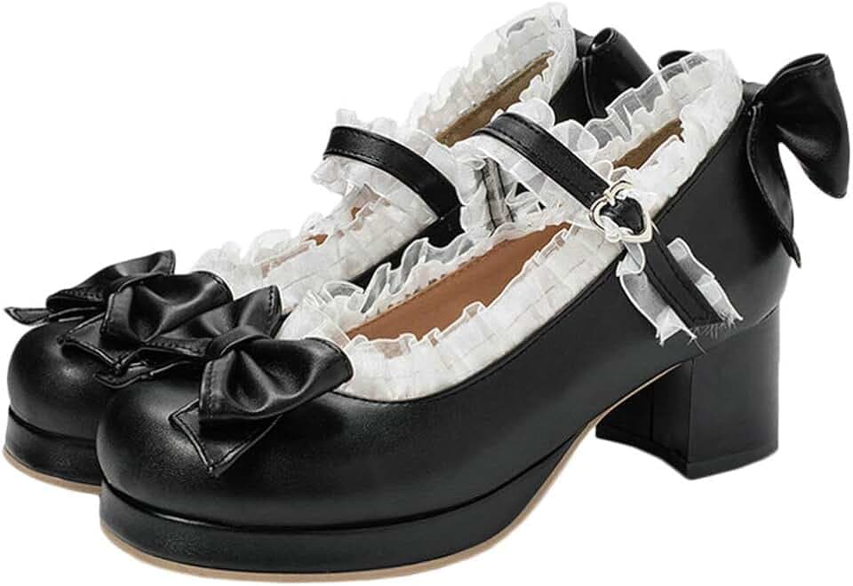 Holibanna Vintage Frauen Chunky Heel Pumps mit Bowknot und Spitze Plateau High Heels Schuhe Mary Jane Lolita Schuhe 1 Paar