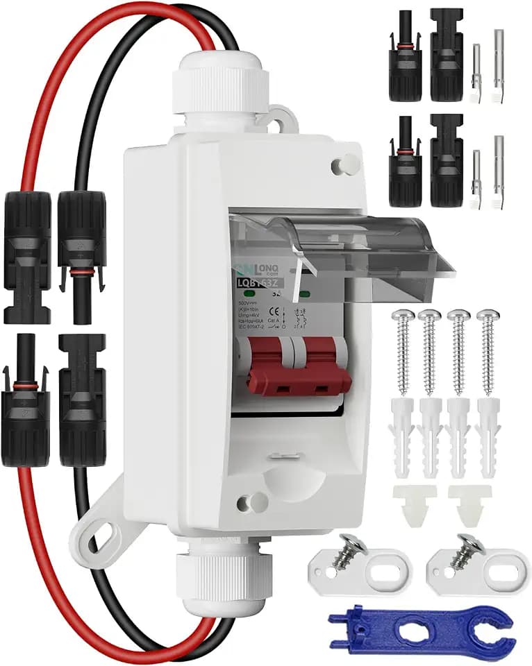 DC Trennschalter PV Anlage 32A 500V Sicherungsautomat 2polig IP65 Wasserdicht mit Kabel und Haken für Solarmodule Einspeisesteckdose Balkonkraftwerk