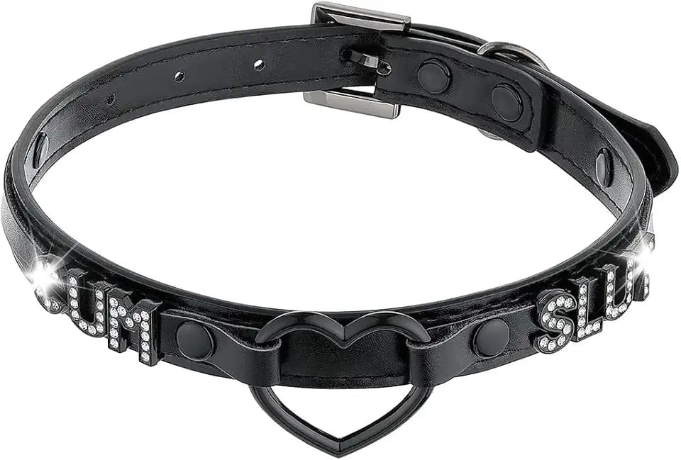Black Heart O-Ring Letter Leather Choker for Women, adjusted to 13.5"-18"