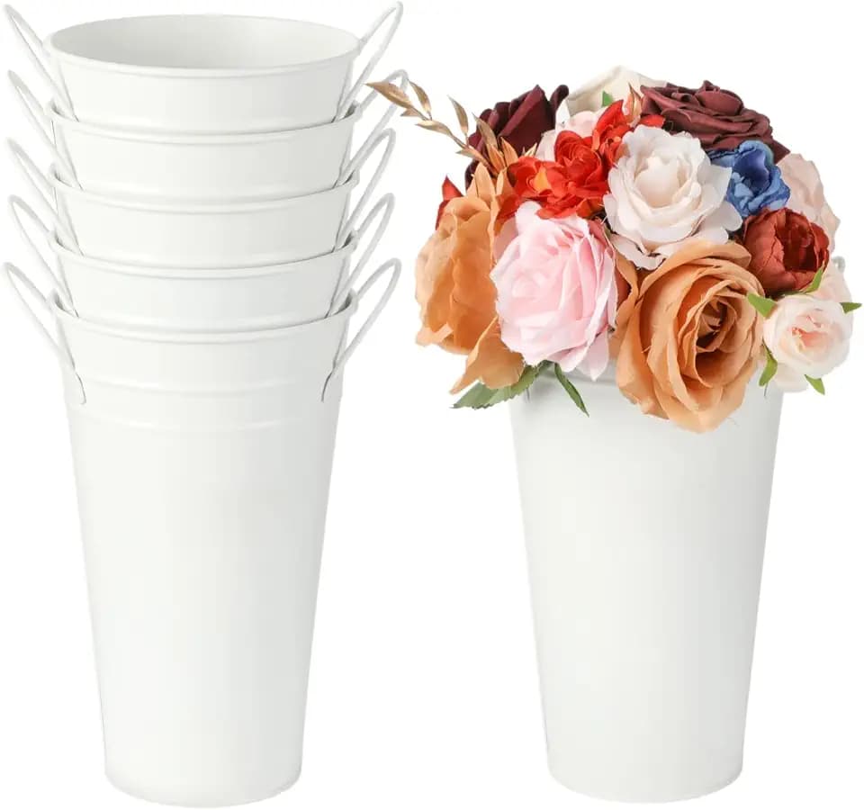 6 Pcs White Flower Buckets, Galvanized Metal Vases, 11.8 Inches Flower Vase with Handles, French Flower Bucket，Rustic Farmhouse Vases for Home Decor Wedding Table Centerpiece
