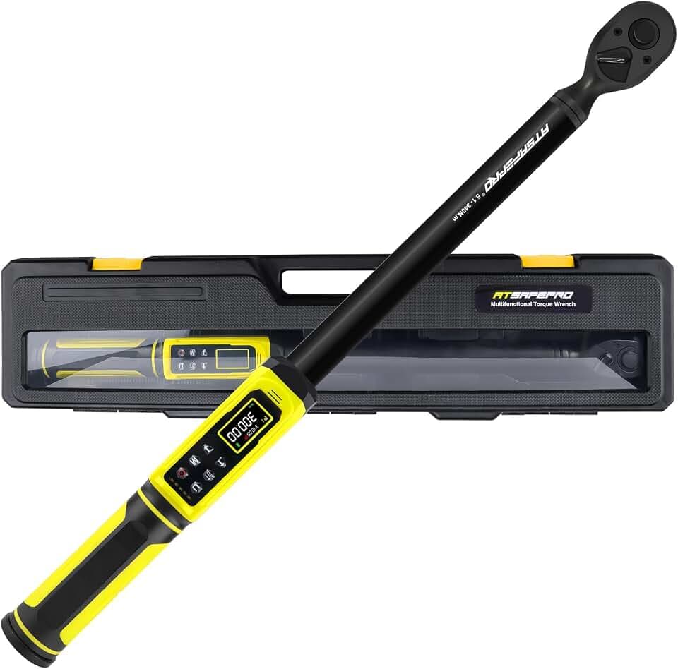 ATsafepro Digital Drehmomentschlüssel 1/2 Zoll, 5,1-340 Nm Drehmomentschlüssel Auto, 5 Einheiten ±2% Genauigkeit, Zweiseitig, LCD-Bildschirm mit Piepston und LED-Warnungen, Geeignet für Fahrrad, Motor