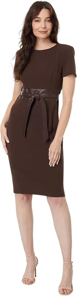Calvin Klein Scuba Crepe Short Sheath Dress with Faux Leather Belt