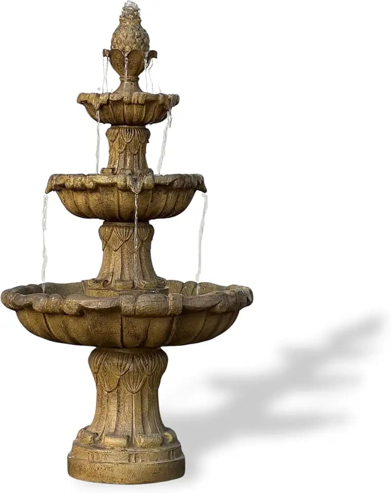 XBrand 58.3" 3-Tier Outdoor Freestanding Water Fountain - Classic Leaf Design, Beige Resin, Large Bird Bath with Pump - Ideal for Yard, Lawn and Garden, Porch Décor