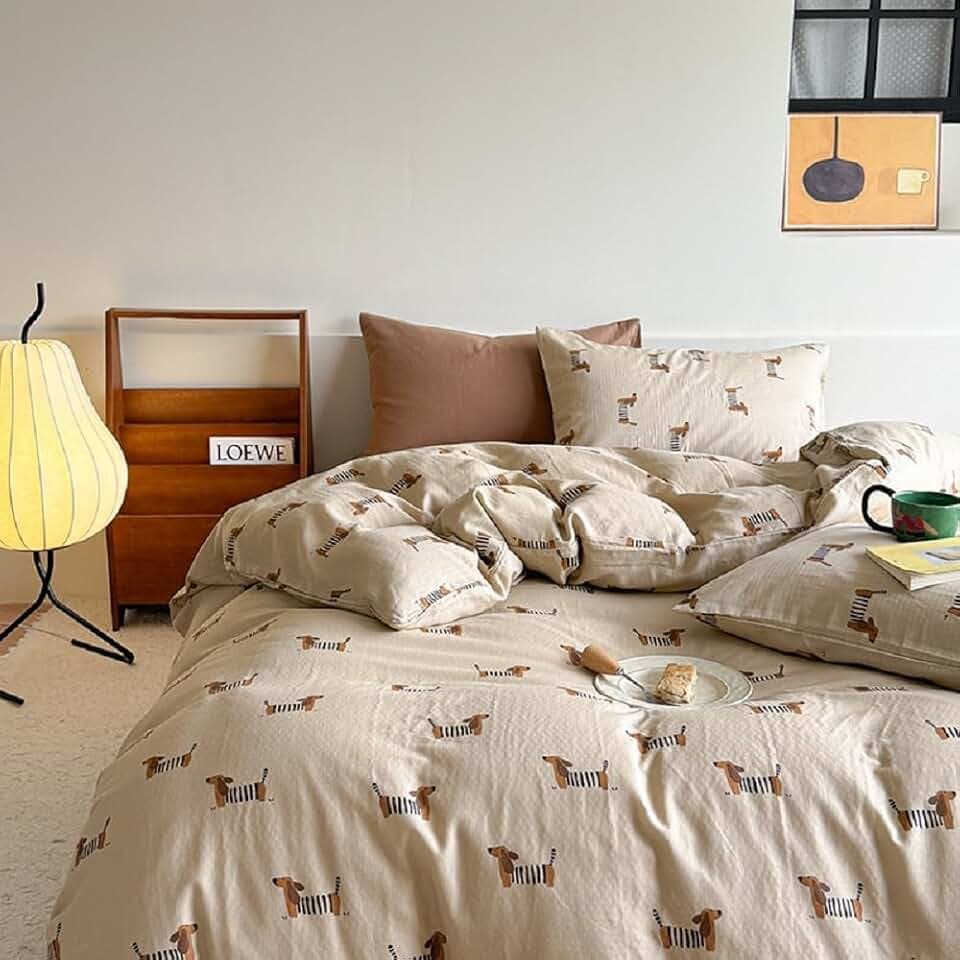 Lanqinglv Bettbezug 200 x 200 cm, Rosa, Hund, Dackel, braun, Bettwäsche für Kinder, Reißverschluss, Bettwäsche für Doppelbett, Erwachsene, mit 2 Kissenbezügen, 65 x 65 cm