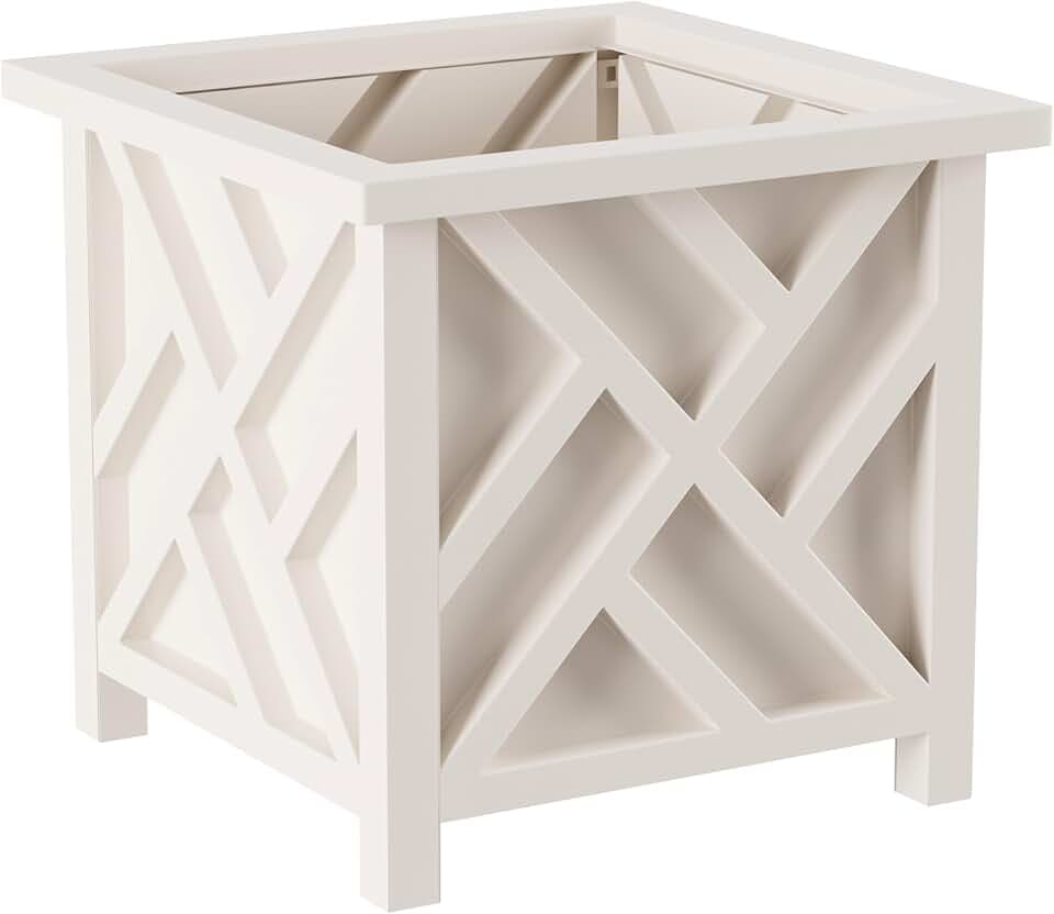 Lattice Design Outdoor Planter Box - 14.75” Square 13” Tall White Plant Pot - Decorative Plant Pots for Front Porch Decor - Flower Pots Outdoor Planters for Porch Patio or Garden Decor by Pure Garden