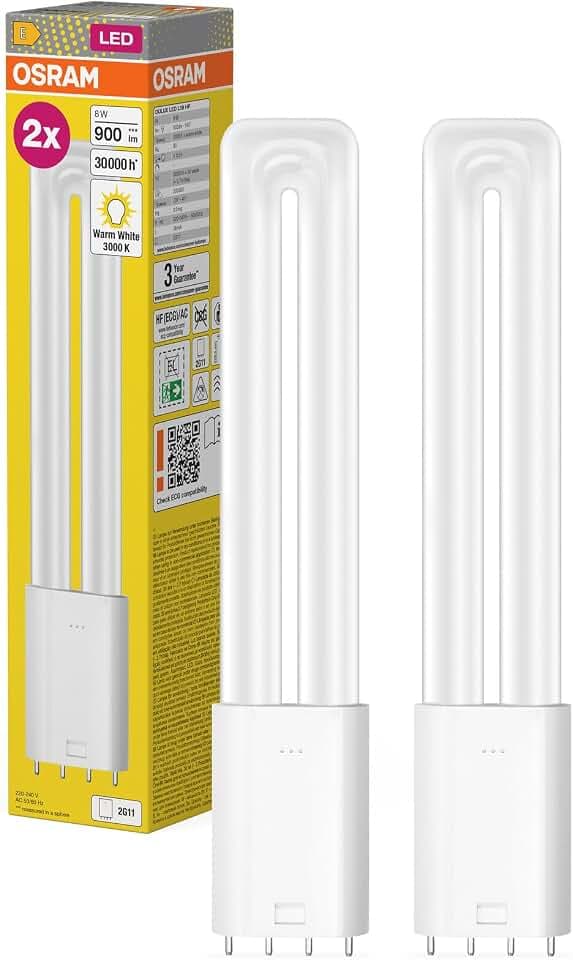 Osram DULUX L18 LED Kompaktlampe, 8W, 900lm, 3000K Warmweiß, Sockel 2G11, 230V AC/EVG, CRI 80, 44mm Durchmesser,2-Pack - Unit Count