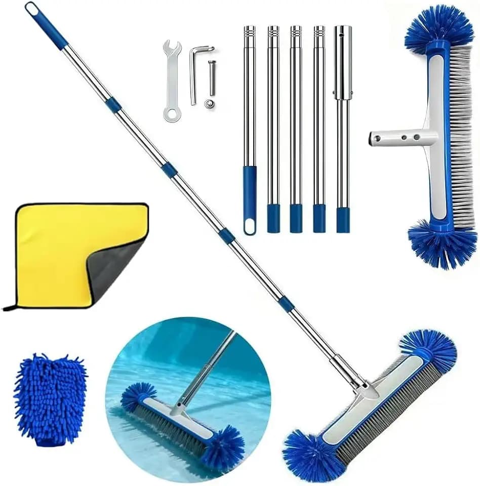 Poolbürste mit teleskopstange 194cm, Pool Reinigungsbürste 43cm, Poolbesen mit stiel, Pool Cleaning Brush mit Längenverstellbarer Edelstahlstange, Pool Bürsten Set