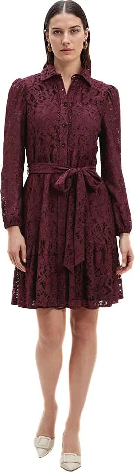 Anne Klein Women's Long Sleeve Tiered Lace Shirt Dress