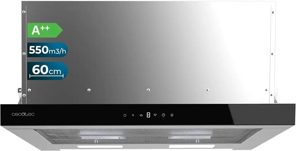 Cecotec Teleskop-Dunstabzugshaube, 60 cm Flux TLT 605500 Glass Black A++. Motor 70W, Niedriger Energieverbrauch, Front aus weißem Glas, Absaugung 550m³/h, Touch- und Gestensteuerung, Aktivkohlefilter.