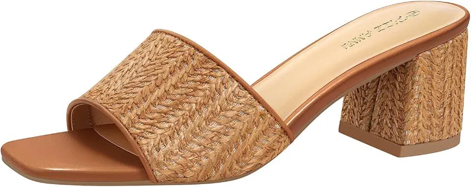 PIZZ ANNU Women's Simone Heels Sandals Low Block Chunky, Toffee Raffia 9