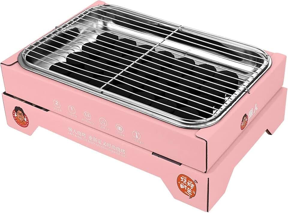 Portable Charcoal Grill, Compact Detachable Stainless Steel BBQ Smoker, Single Use Barbecue Grill for Outdoor Camping, Easy to Carry and Clean (Pink (containing 30 Charcoal))