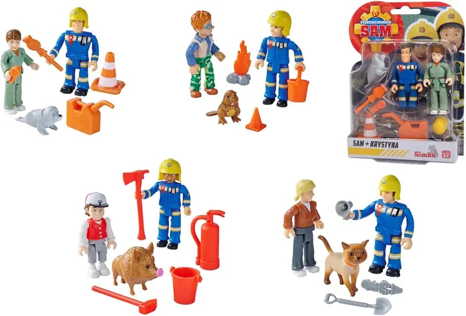 Simba Feuerwehrmann Sam Figuren Doppelpack – 2 bewegliche Sammelfiguren in originalen Uniformen, zufällige Auswahl zwischen Vier detailgetreue TV-Charakteren, Spielset für Kinder ab 3 Jahren