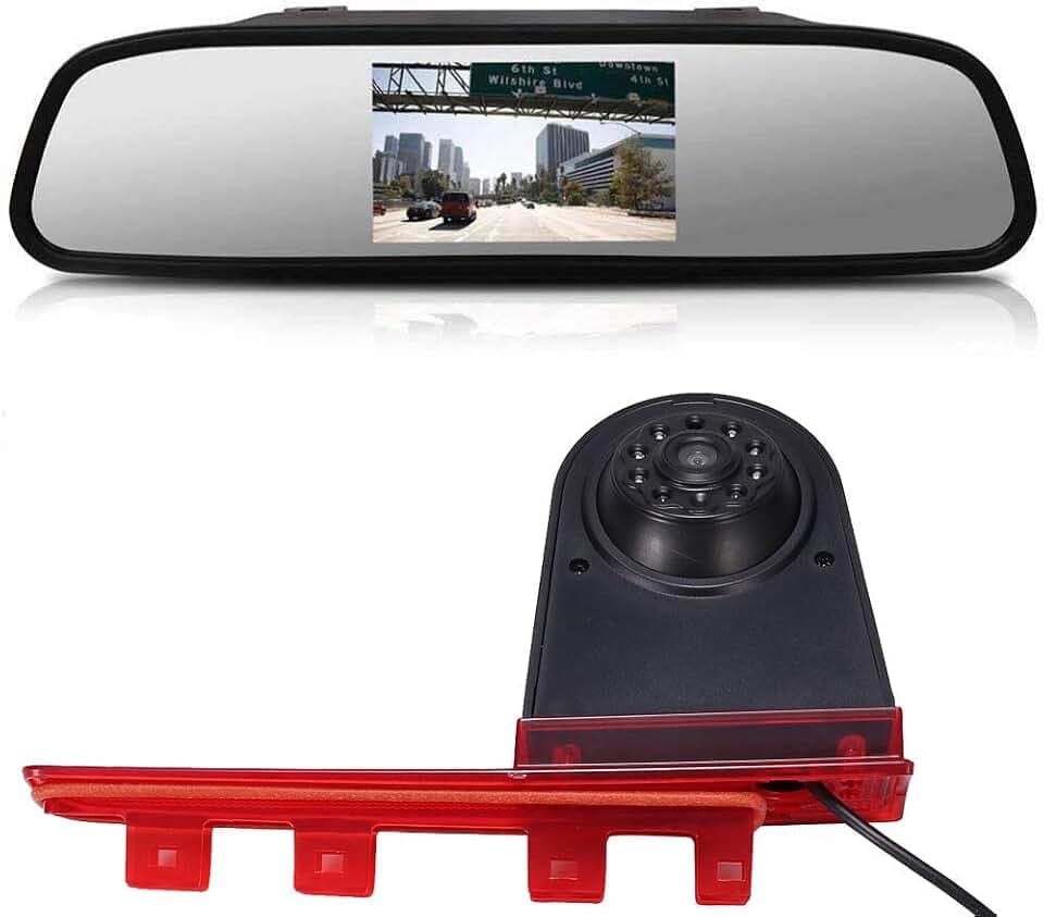 Bremsleuchte Kamera Wasserdicht Nachtsicht Rückfahrkamera Transporter Rückfahrsystem+4.3" Zoll LCD Rückspiegel für VW T5 T6 ab 2010 Nachrüstung in 3.Bremsleuchte Caravelle Multivan Van