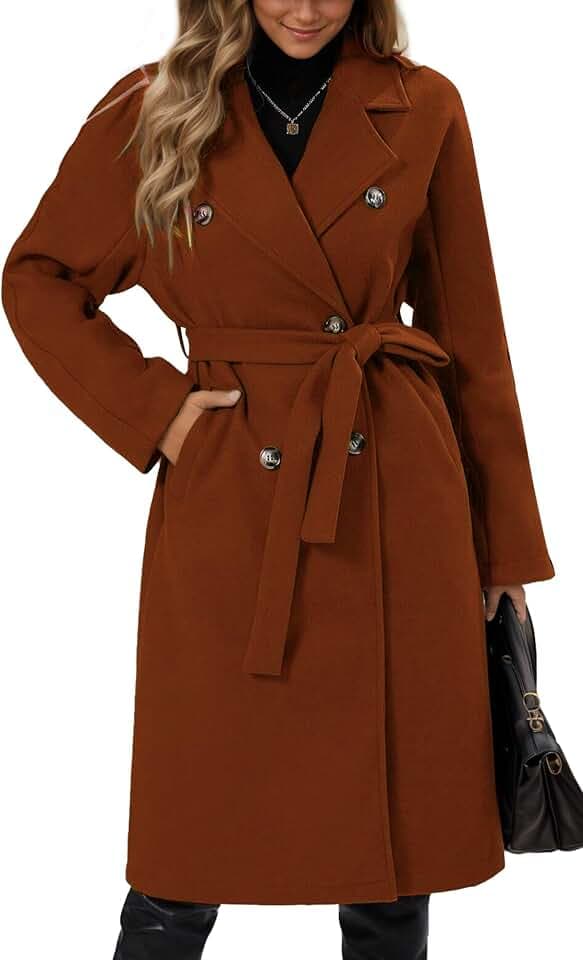 Maeau Langer Mantel aus Tweed, für Damen, zweireihig, Herbst, Winter, lange Jacke, warm, elegant, lässig, langer Trenchcoat mit Gürtel, Größe S bis XL