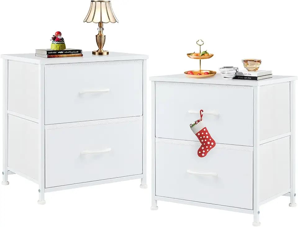 Sweetcrispy Nachttisch 2er Set, Nachttisch Beistelltisch, Stoff Schubladenschrank, Schmal Schrank, Kommode Schlafzimmer, Industrial Stil für Wohnzimmer, Kinderzimmer, Flur Aufbewahrungsschrank, weiß
