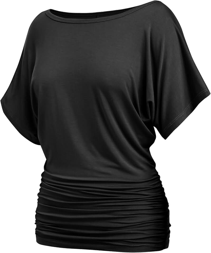 Misakia Womens Ruched Tops Dolman Short Sleeve Shirts Boat Neck Batwing Top