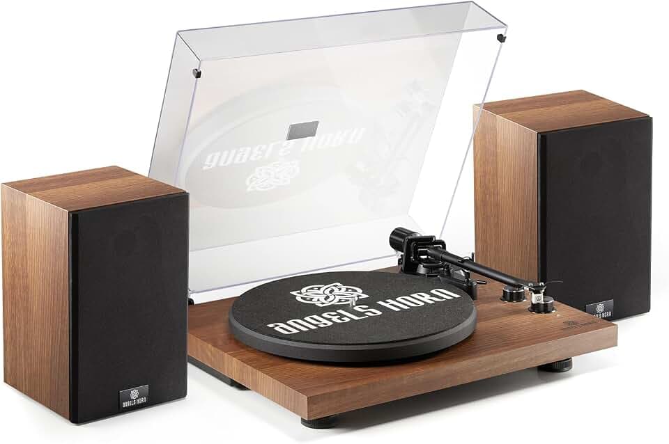 ANGELS HORN Bluetooth-Plattenspieler mit Lautsprechern, Vintage Hi-Fi | Mit integriertem Phono-Vorverstärker, AT-3600L Magnet-Tonabnehmer, Riemenantrieb 33/45 U/min und einstellbarem Gegengewicht