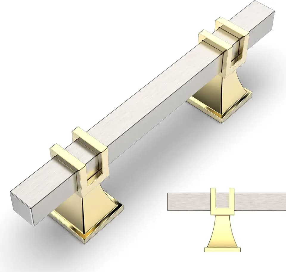 Amerdeco 10 Pack Brushed Satin Nickel and Gold Cabinet Pulls 3 Inch(76mm) Hole Center Drawer Pulls Cabinet Hardware Kitchen Cabinet Handles for Bathroom Dresser Pulls ZH0067