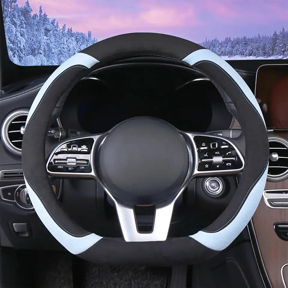 Soft Suede D Shape Steering Wheel Cover Black with Light Blue