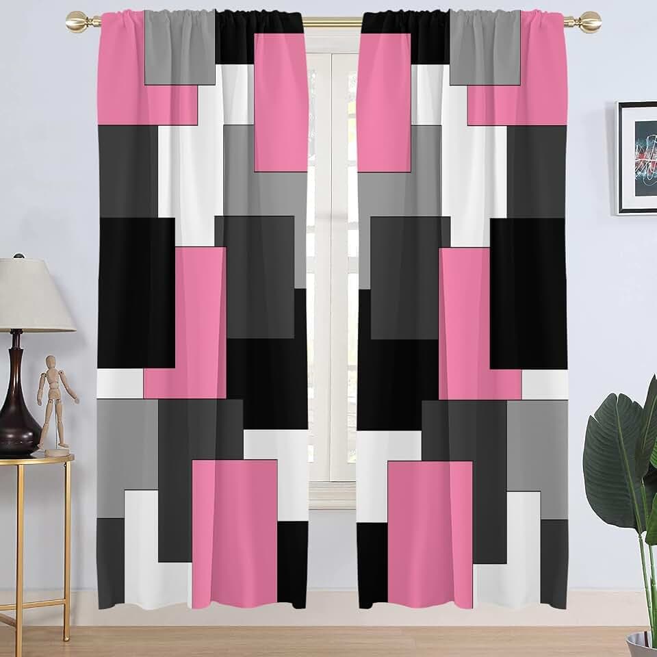 AAtter Pink and Black Window Curtains, Wide Long 52" W x 84" L, 2 Panels