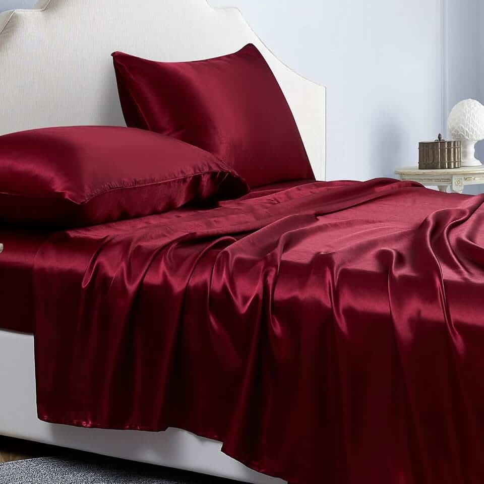 Jemiipee Spannbettlaken 4teilig Satin Glänzend Einfarbig, 180x200 cm für Matratzen bis 36cm, Betttuch Leintuch Set mit Bettlaken, Spannbetttuch, 2 Kissenbezüge - Weinrot