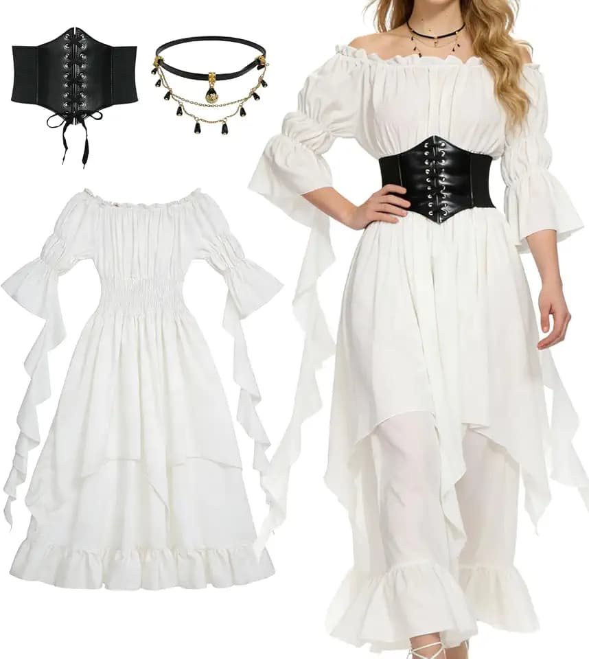 Mittelalter Piraten Kleidung Damen Gothic Kostüm mit Mittelalter Kleid Piraten Korsett Halsketten Renaissance Faschingskostüm für Halloween Karneval Cosplay