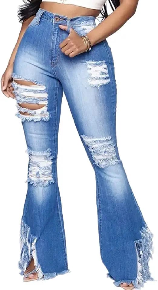 Skinny Ripped Bell Bottom Jeans for Women Classic Flared Jean Pants