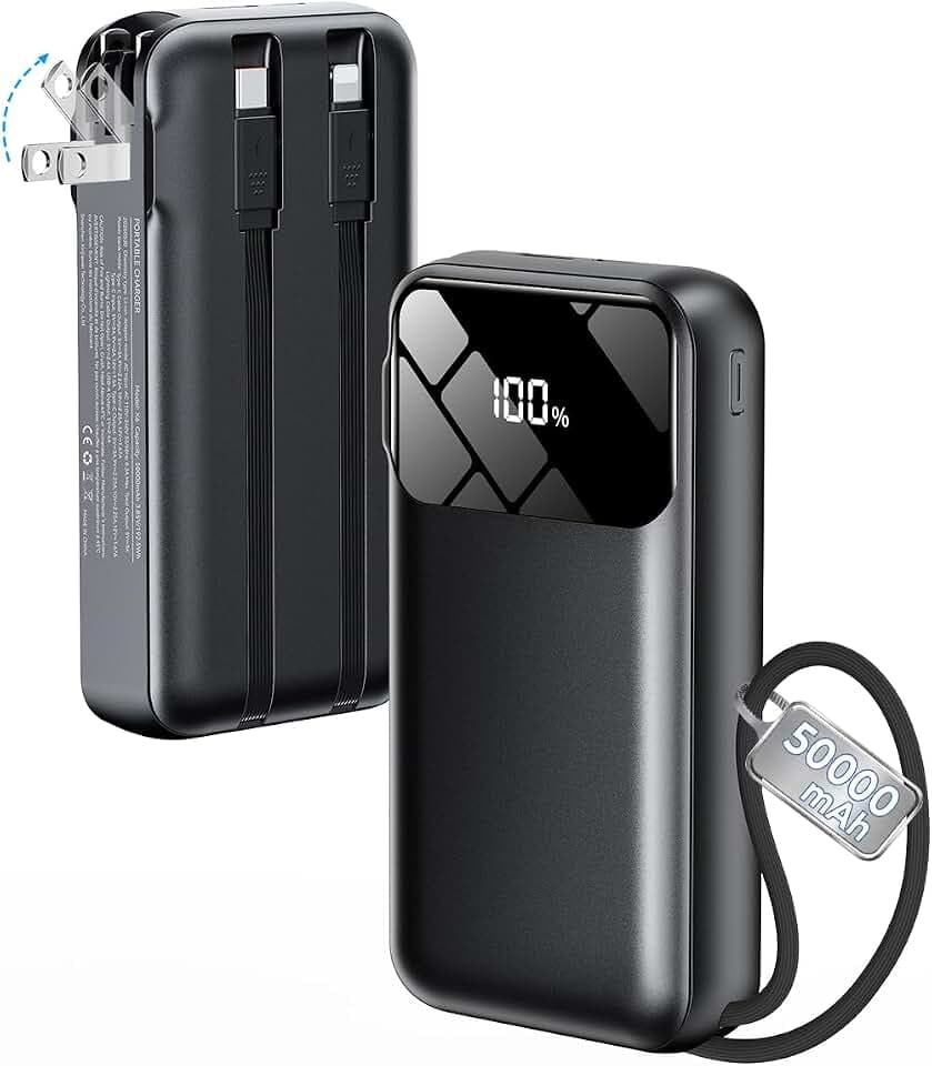 Portable Charger 50000mAh, Power Bank with Built-in Cables & Wall Plug