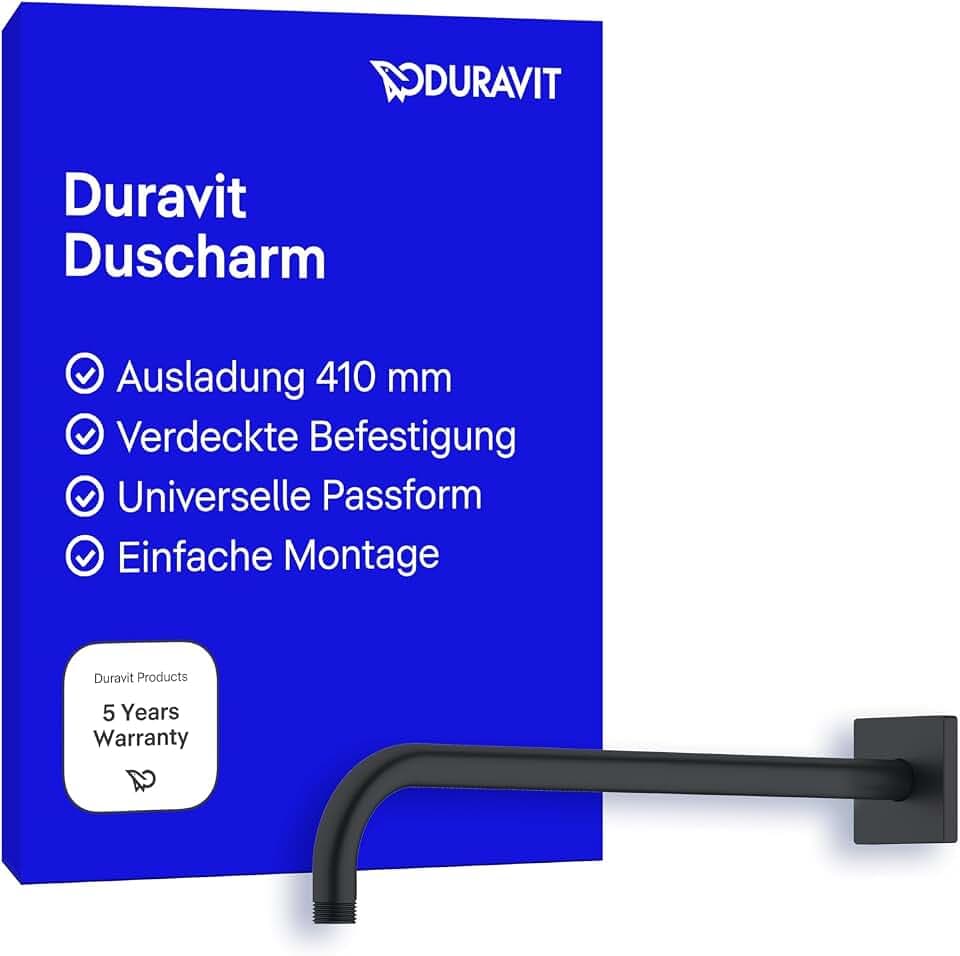Duravit Universal Duscharm, Duscharmatur Wandbefestigung, Brausearm 410 mm, Duschbrause, Rosette eckig, Schwarz Matt