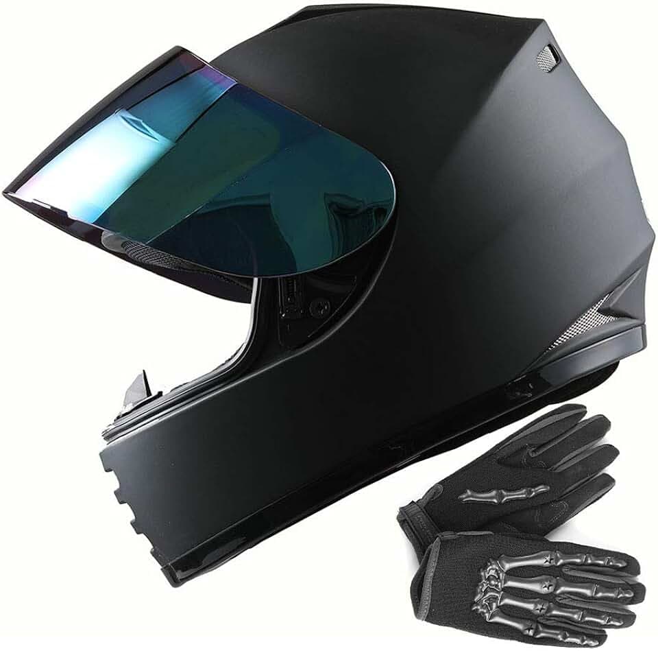 WOW Youth Motorcycle Full Face Helmet Street Bike BMX MX Kids Matt Black + MX Skeleton Glove Bundle