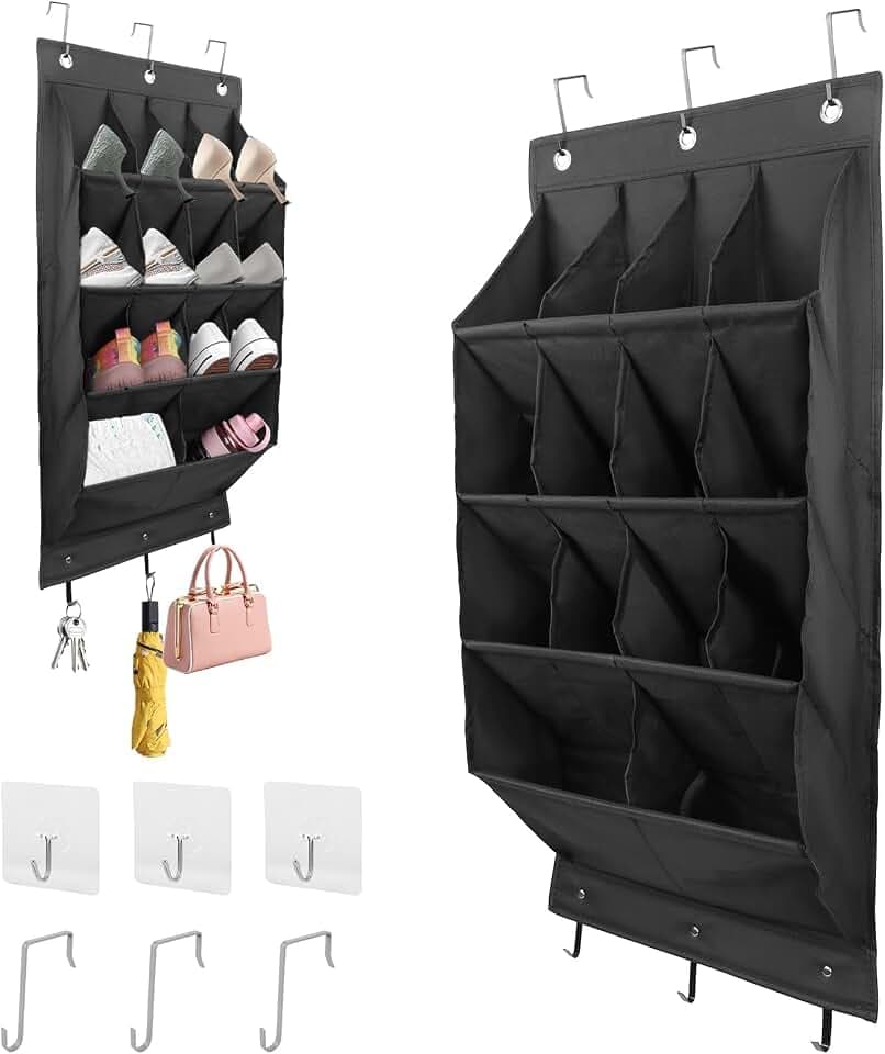 Schuhaufbewahrung Hängend Schuh Organizer Hängend mit 14 Großen Taschen, Über der Tür Schuhregal für Schrank mit 3 Metallhaken und 3 Haken Selbstklebend (Schwarz)