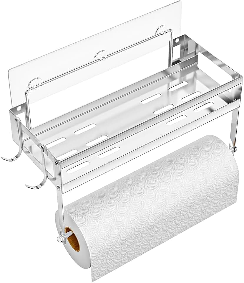 ESOW Paper Towel Holder with Shelf, Adhesive Wall Mount, Brushed Nickel