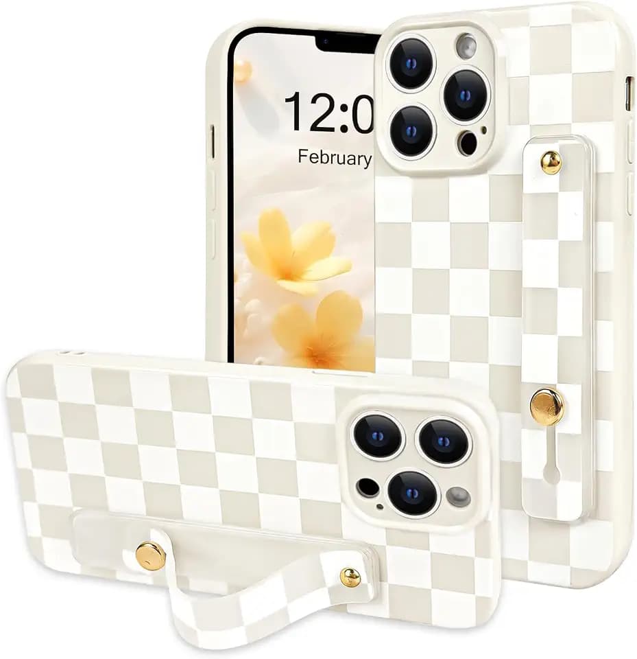 NITITOP for iPhone 13 Pro Case with Strap Plaid - White