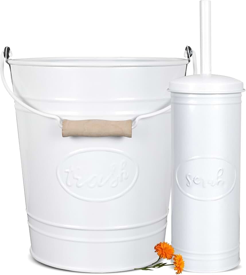 Autumn Alley Rustic Farmhouse White Bathroom Trash Can and Toilet Brush Set – Bathroom Accessories for Modern Farmhouse Charm, White Trash Can with Toilet Brush and Holder, 2 Gal. Capacity