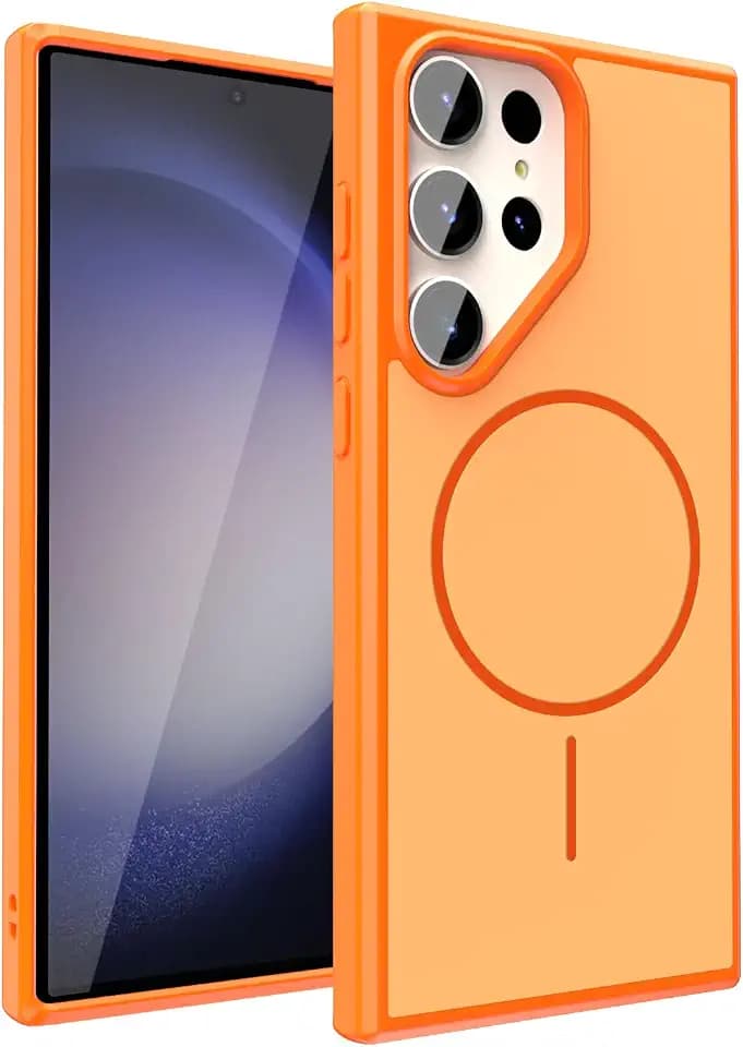 Tawarror Magnetische für Samsung Galaxy S23 Ultra 5G Hülle, Kompatibel Mit Magsafe, Matt Transluzente Handyhülle PC Rückseite Kratzfest Weiche TPU Stoßfest Fallschutz Schutzhülle, Hermès Orange