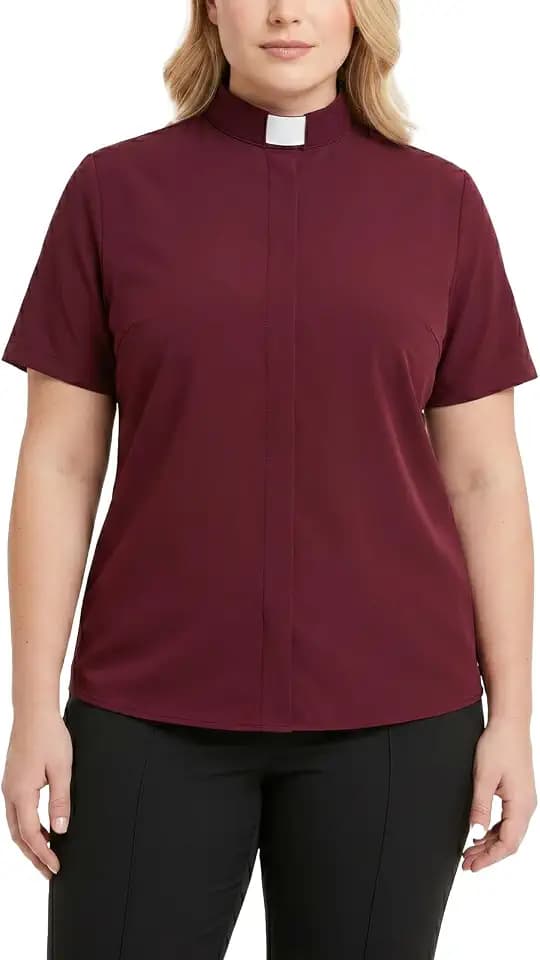 Women's Clergy Shirt Short Sleeve Tab Collar Hidden Placket Minister Pastor Church Blouse